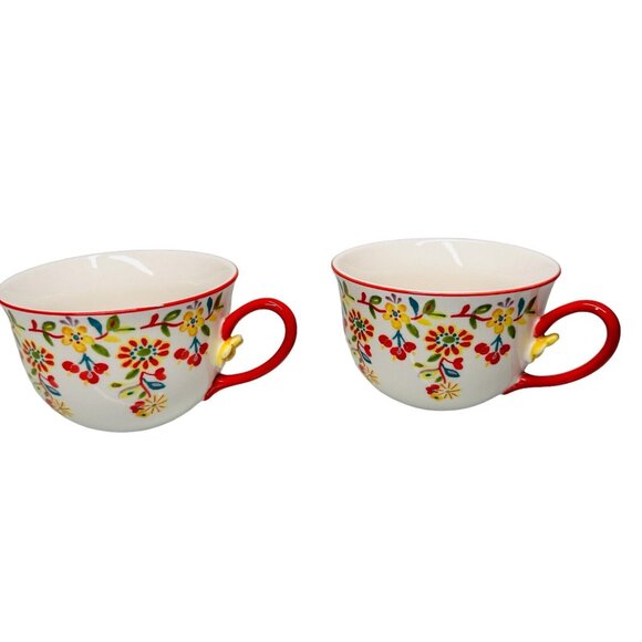 ANTHROPOLOGIE Cadiz Coffee Tea Cup Mug Painted Floral Design 3D Flower Red Set - Picture 5 of 16